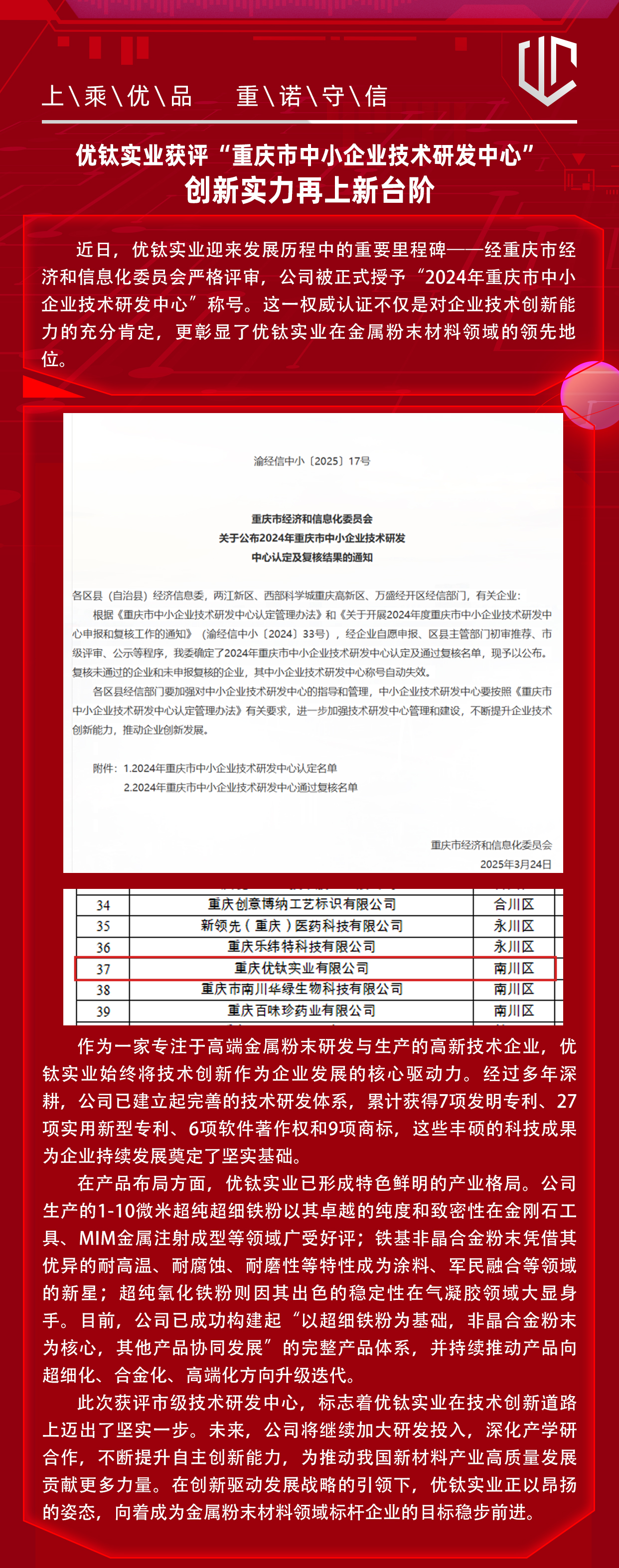 優(yōu)鈦實(shí)業(yè)獲評“重慶市中小企業(yè)技術(shù)研發(fā)中心” ，創(chuàng)新實(shí)力再上新臺階